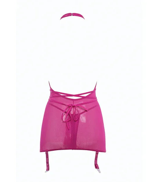 Allure Savannah Sheer Mesh Garter Dress & Open Thong in Hot Pink L/XL - Lady Maven - Maison du Maven