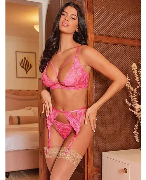Aphrodite Lace Keyhole Bralette with Garters & G-String in Raspberry - L/XL - Lady Maven - Maison du Maven