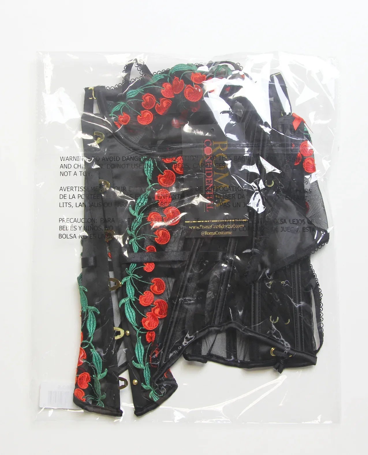 Cherry Delight Corset - Embroidered Underwire Corset with G-String in Black MD - Lady Maven - Maison du Maven
