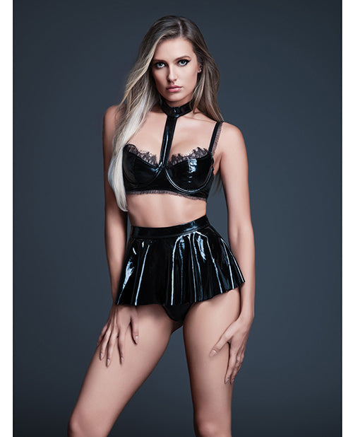 Allure Naughty Nights Latex Look Vinyl and Lace Choker Bra & Mini Skirt 2 pc Set - Black LG - Lady Maven - Maison du Maven