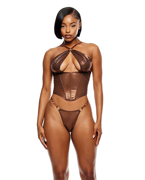 Liquid Metal Metallic Mesh Bustier w/G-String 2 pc Set - Metallic Copper SM - Lady Maven - Maison du Maven