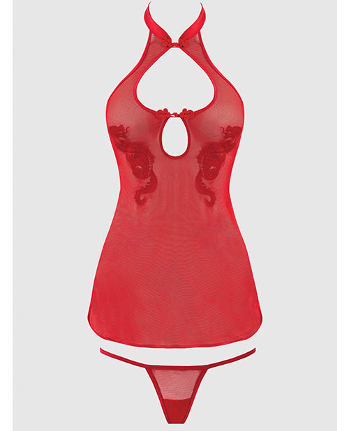 Dragon Mesh & Applique Chemise w/G-String 2 pc Set - Red SM