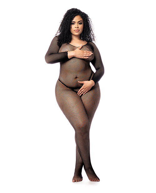 Long Sleeved All Over Fishnet Body Stocking Black QN - Lady Maven - Maison du Maven