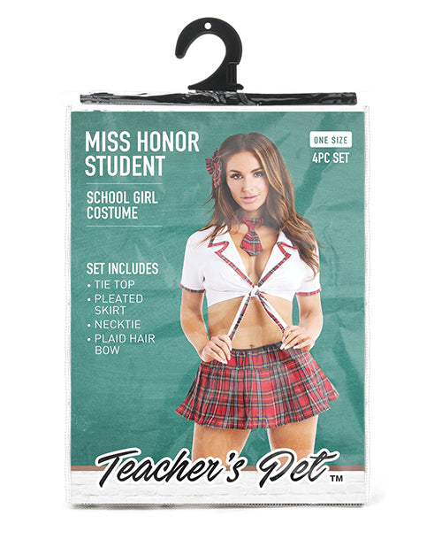 Teacher's Pet Ms Honor Student School Girl Tie Top, Pleated Skirt, Neck Tie & Hair Bow Red O/S - Lady Maven - Maison du Maven