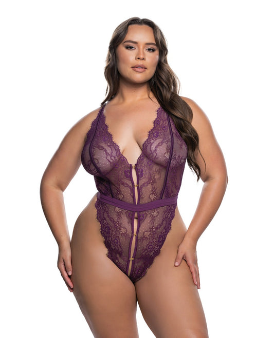 Floral Lace Fetish Teddy - Purple 1X/2X
